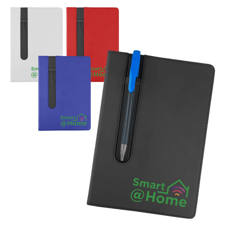 A set of Finch Notebooks in black, red, white, and blue, featuring a zippered pocket and a logo.