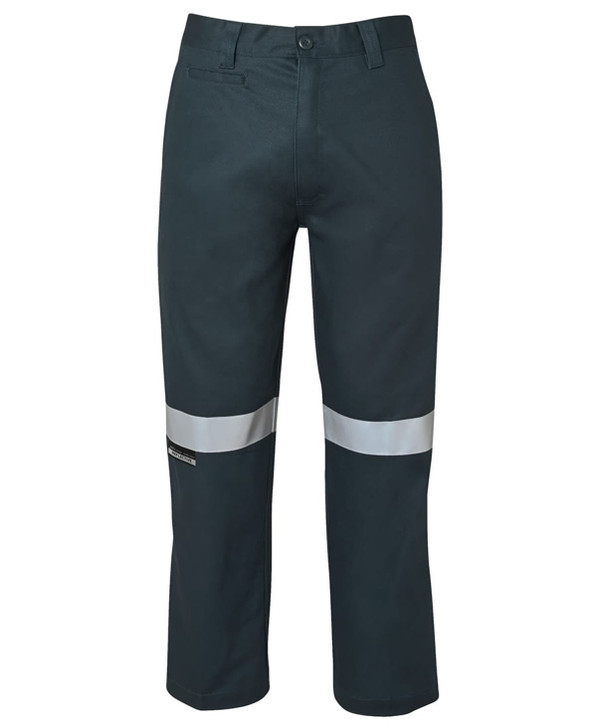 Work trousers in dark green with reflective tape stripes, featuring a front pocket and a logo.