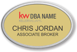 Keller Williams Realty Logo 2 Oval Gold Prestige Name Badge with Pebbled Silver Frame