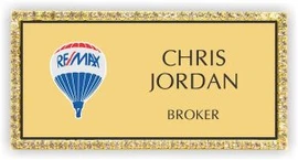 RE/MAX Balloon Logo Gold Bling Name Badge – Eye-Catching Professional Style | KWP-80794