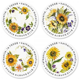 Watercolor Sunflower Round Address Labels