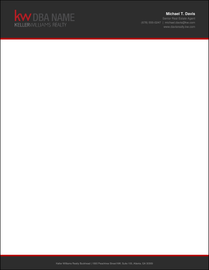 Design KW_LH_02 Bold Dark — Keller Williams letterhead with full-width charcoal header, white KW logo and DBA name, right-aligned agent info in gray, dual red and charcoal rule accent bar, white body, and matching charcoal footer on 70LB premium stock
