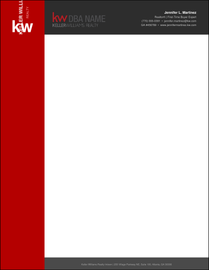 Design KW_LH_03 Red Sidebar — Keller Williams letterhead with full-height red left column featuring vertical KW branding, dark charcoal header with KW logo and right-aligned agent info, open white body, and charcoal footer on 70LB premium stock