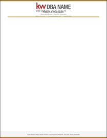 Design KW_LH_04 Gold Accent — Keller Williams letterhead with gold border rules on all sides, centered KW logo and large DBA name, centered agent info with gold dividers, full-width gold rule, and light gray footer on 70LB premium white stock