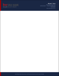 Design KW_LH_07 Navy Professional — Keller Williams letterhead with deep navy header, red left accent bar, white KW logo and DBA name, right-aligned agent info in white type, open white body, and matching navy footer on 70LB premium stock