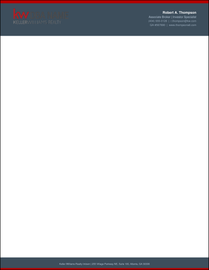 Design KW_LH_14 Slate Modern — Keller Williams letterhead with rich slate-blue header, bold KW red top bar and red base rule, tonal gray KW logo and DBA name on left, bold white agent name and blue-gray contact info on right, open white body, and matching slate footer with red rule on 70LB premium stock