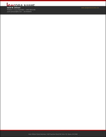 Design KW_LH_16 Two-Line Header — Keller Williams letterhead with oversized KW logo and DBA name in top row with gold website link right-aligned, full-width dark charcoal second row with agent name in bold white and contact details in light gray, red rules framing both header tiers, open white body, and dark charcoal footer on 70LB premium stock