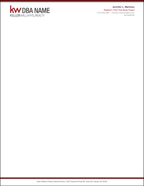 Design KW_LH_18 Horizontal Classic — Keller Williams letterhead with triple stacked red, charcoal, and gray horizontal rule header, KW logo and DBA name on left, bold agent name and KW red title on right, vast open white body, and mirrored triple-rule footer with centered office address on 70LB premium stock