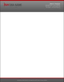 Design KW_LH_19 Gray Gradient — Keller Williams letterhead with multi-tone gray gradient header, bold KW red top accent bar, KW logo and DBA name on left, bold white agent name and gray contact info on right, open white body, and matching gradient gray footer with red rule on 70LB premium stock