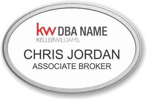 Keller Williams Realty Logo 2 Oval White Prestige Name Badge with Pebbled Silver Frame