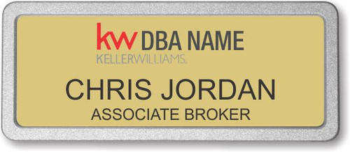 Keller Williams Realty Logo 2 Gold Prestige Name Badge with Pebbled Silver Frame