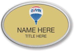 RE/MAX Balloon Logo Oval Gold Prestige Name Badge with Pebbled Silver Frame