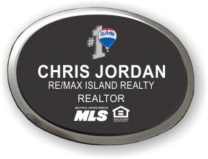 RE/MAX Island Realty Black Oval Name Badge with Silver Frame | KWP-78590