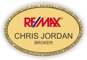 RE/MAX Red and Blue Logo Style C Gold Oval Bling Name Badge | KWP-80964