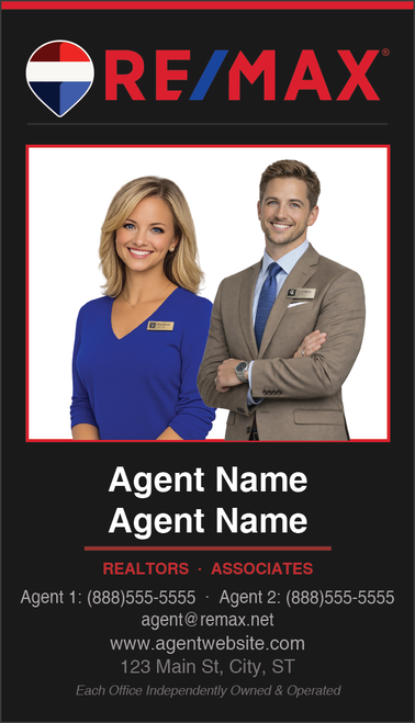 RE/MAX business card front design RM-F13 Dual Agent Team Layout
