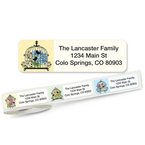 Birds in Cages Return Address Labels on Rolls