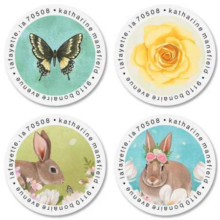 Bunnies & Butterflies Round Address Labels (4 Designs)