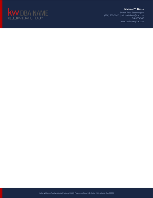 Design KW_LH_07 Navy Professional — Keller Williams letterhead with deep navy header, red left accent bar, white KW logo and DBA name, right-aligned agent info in white type, open white body, and matching navy footer on 70LB premium stock