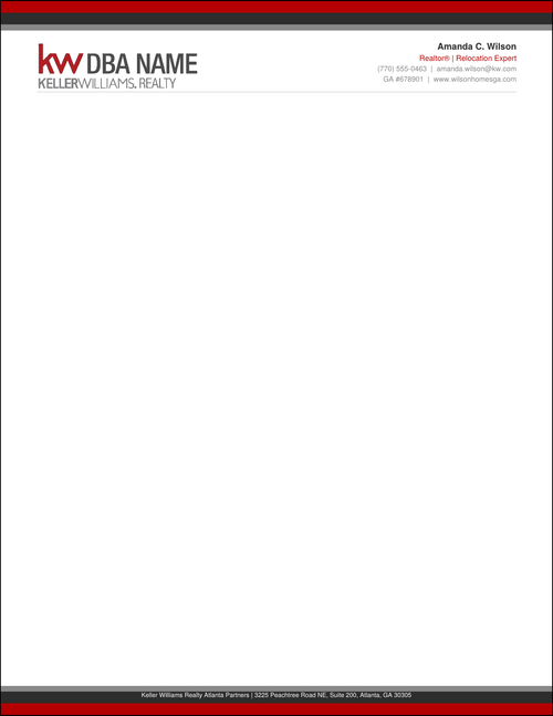 Design KW_LH_10 Modern Stripe — Keller Williams letterhead with triple red, charcoal, and gray stacked stripe header, KW logo and DBA name left, right-aligned agent info with title in KW red, fine gray rule divider, open white body, and mirrored triple-stripe footer on 70LB premium stock