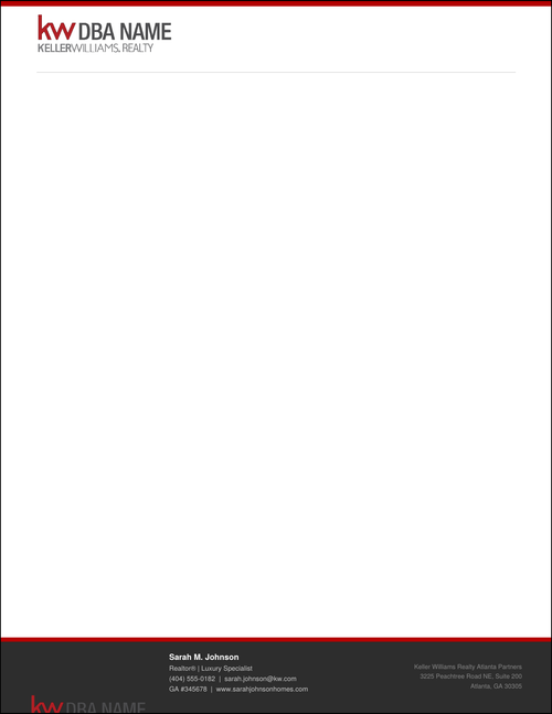 Design KW_LH_11 Bottom Banner — Keller Williams letterhead with minimal top header featuring KW logo and red accent bar, vast open white body area, and bold dark charcoal footer with repeated KW logo, full agent contact details, office address, and red rule on 70LB premium stock