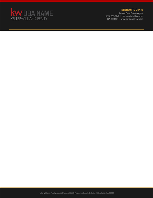Design KW_LH_12 Luxury Dark Gold — Keller Williams letterhead with near-black header, thin KW red top accent bar, warm gold rule divider, KW logo in gray, agent name highlighted in bold gold, light gray agent contact info, open white body, and matching near-black footer with gold rule on 70LB premium stock
