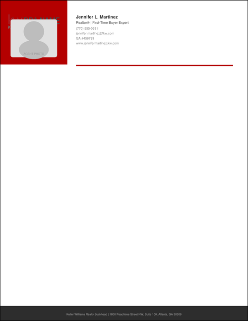 Design KW_LH_13 Two-Column Photo — Keller Williams letterhead with bold full-height KW red left column featuring agent photo placeholder and KW logo, right column with agent name and stacked contact info, red accent rule, open white body, and dark charcoal footer on 70LB premium stock