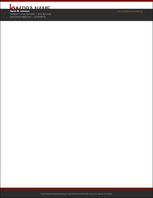 Design KW_LH_16 Two-Line Header — Keller Williams letterhead with oversized KW logo and DBA name in top row with gold website link right-aligned, full-width dark charcoal second row with agent name in bold white and contact details in light gray, red rules framing both header tiers, open white body, and dark charcoal footer on 70LB premium stock