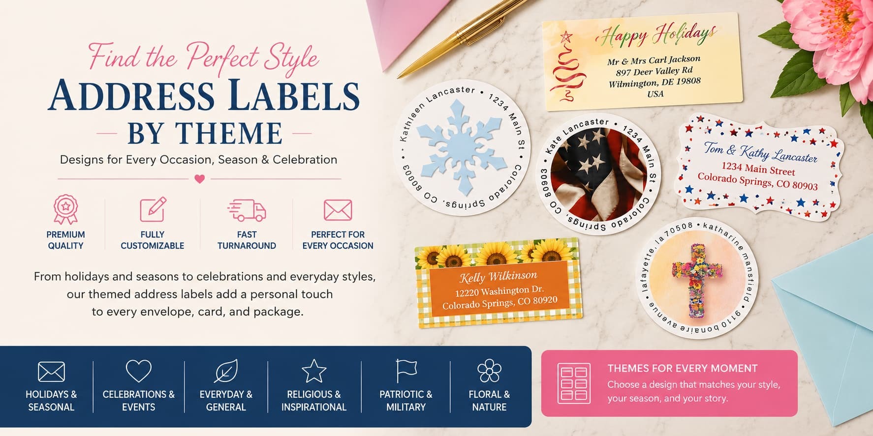 Personalized address labels by theme featuring holiday, patriotic, floral, inspirational, and seasonal mailing label designs
