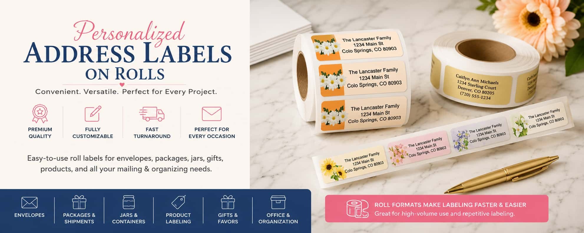 Personalized address labels on rolls for envelopes, packages, jars, gifts, files, and business mailing
