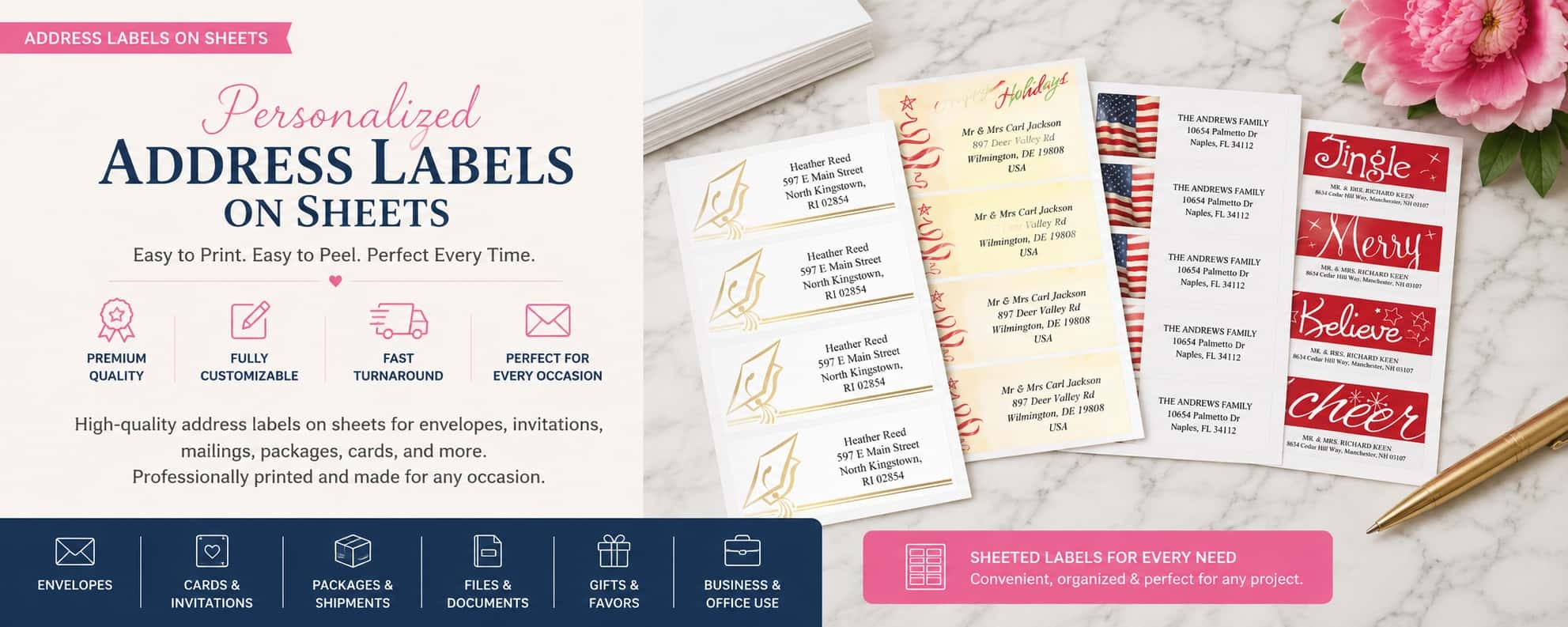 Personalized address labels on sheets for envelopes, invitations, packages, holiday mailings, and business use
