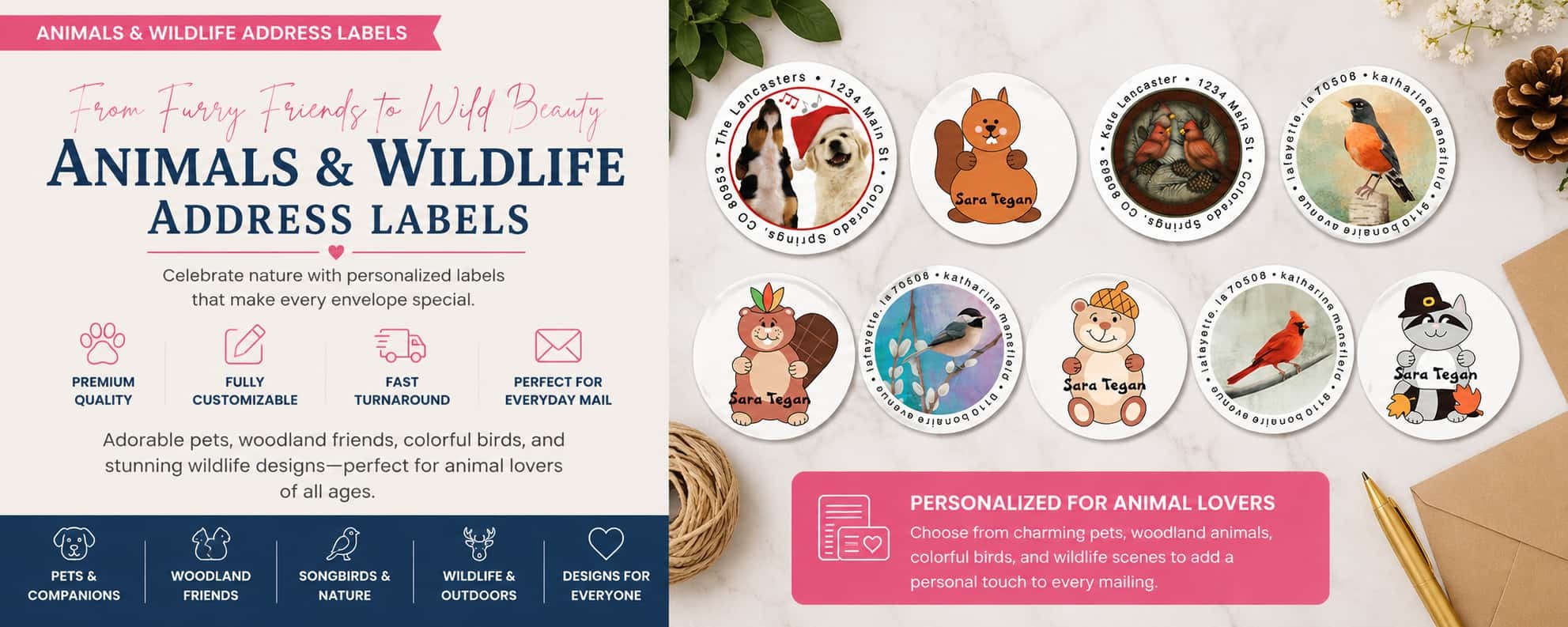 Personalized animals and wildlife address labels featuring pets, birds, woodland animals, and nature-inspired mailing label designs