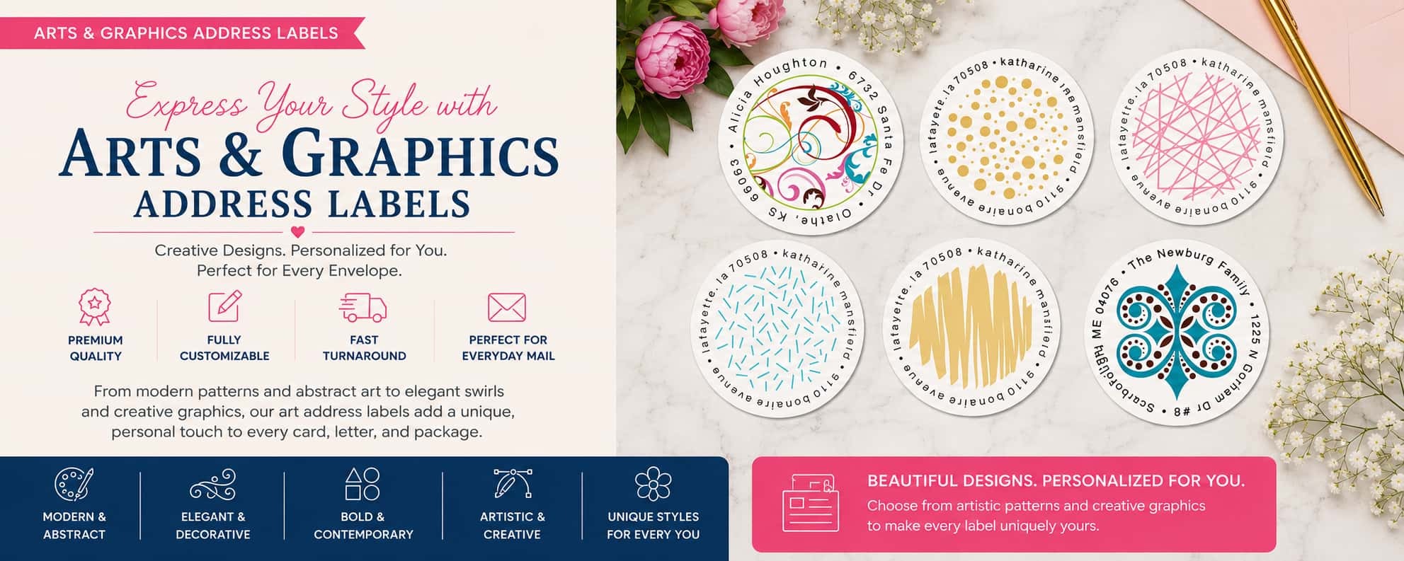 Personalized arts and graphics address labels with modern patterns, abstract artwork, decorative designs, and creative mailing label styles