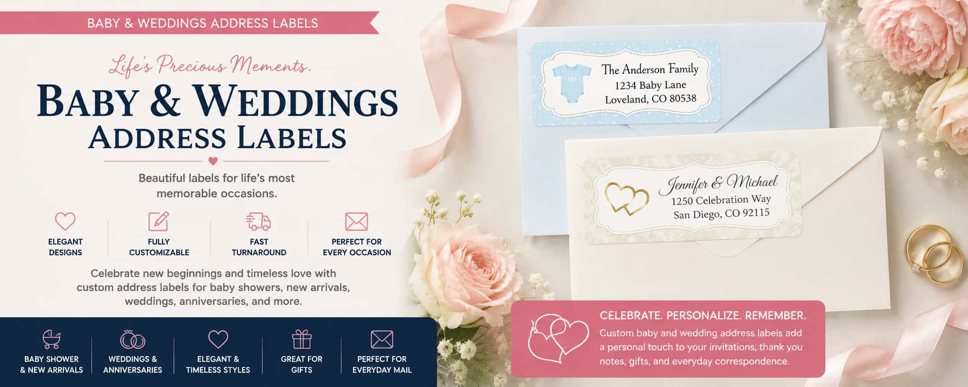 Personalized baby and wedding address labels featuring elegant wedding designs, baby shower themes, romantic artwork, and celebration mailing labels