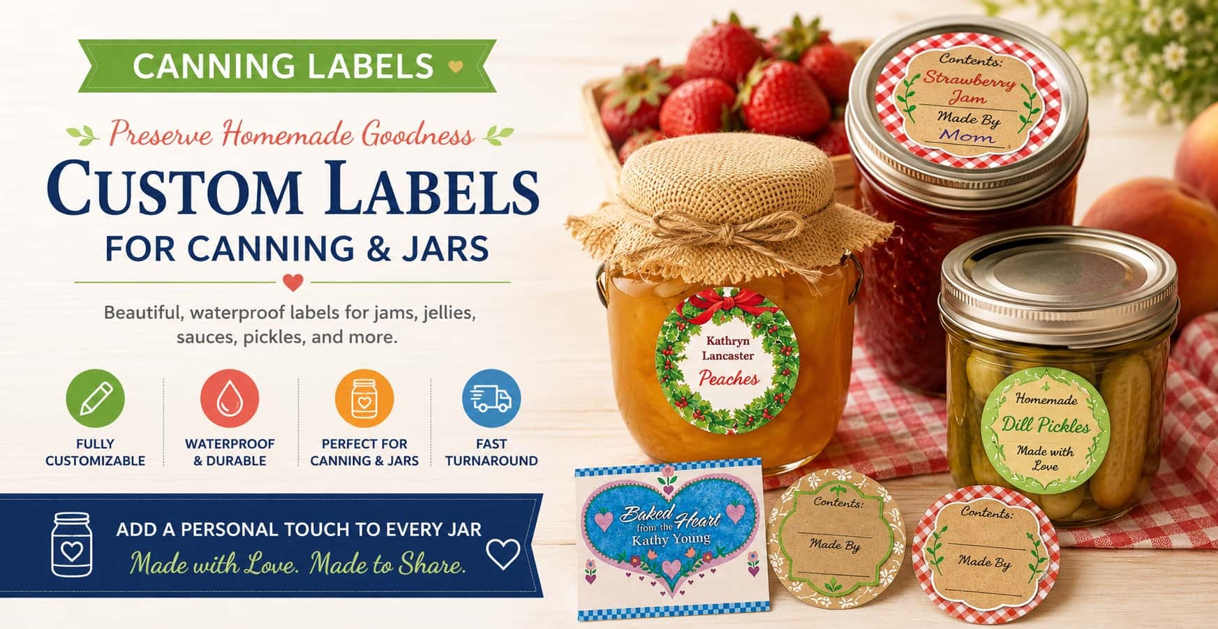 Personalized canning labels featuring mason jar stickers, homemade jam labels, pickle jar labels, and decorative canning label designs