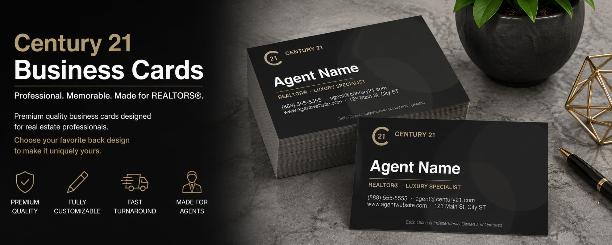 Century 21 REALTOR business cards design C21-F19 premium modern black and gold real estate business card banner