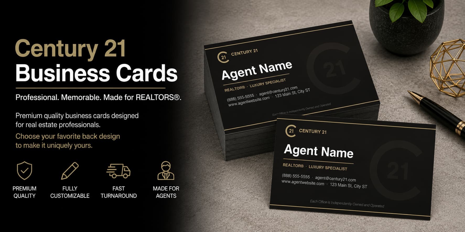 Century 21 REALTOR business cards design C21-F21 premium modern black gold real estate business card banner