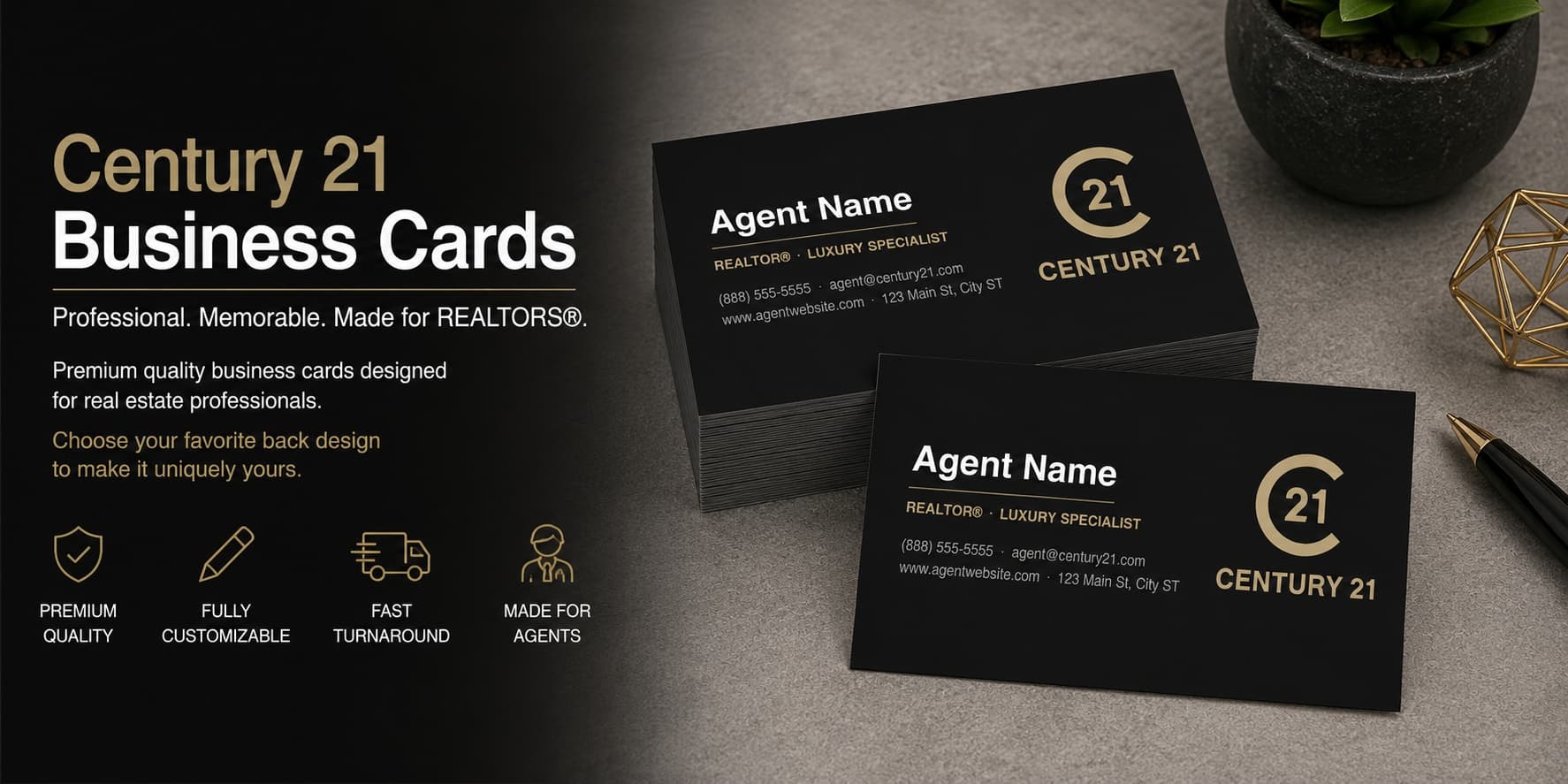 Century 21 REALTOR business cards design C21-F24 premium luxury black gold real estate business card banner