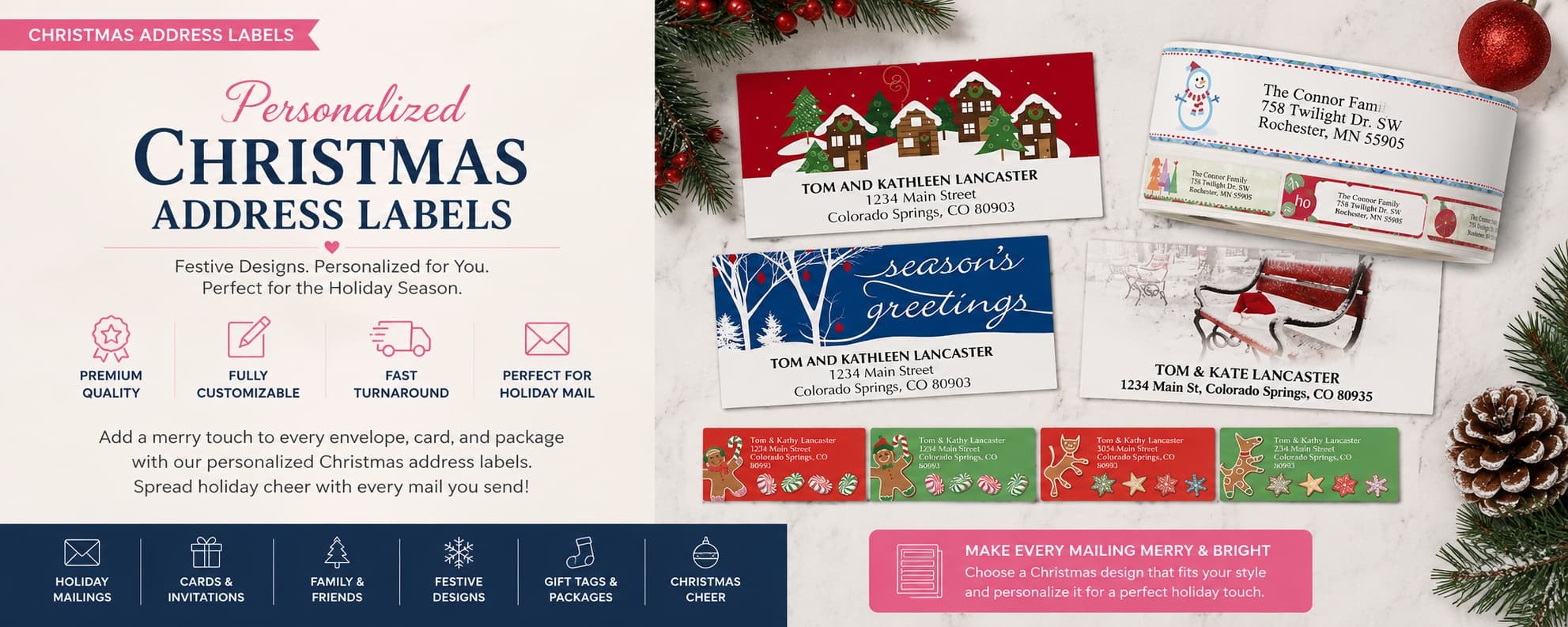 Personalized Christmas address labels for holiday cards, envelopes, gifts, invitations, and festive seasonal mailings