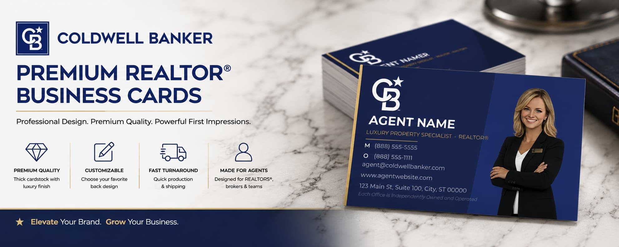 Coldwell Banker Design CB-001 luxury REALTOR® business cards with customizable back designs and premium real estate branding