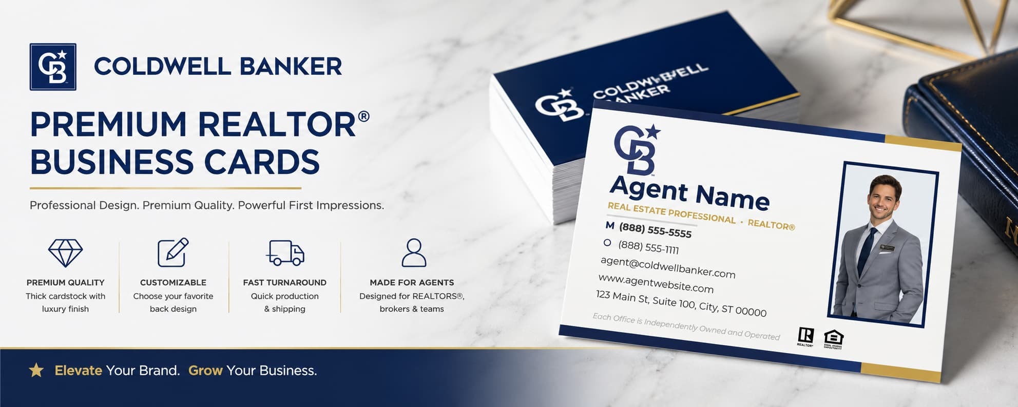 Coldwell Banker Design CB-002 REALTOR&reg; business cards with customizable back designs and premium real estate branding