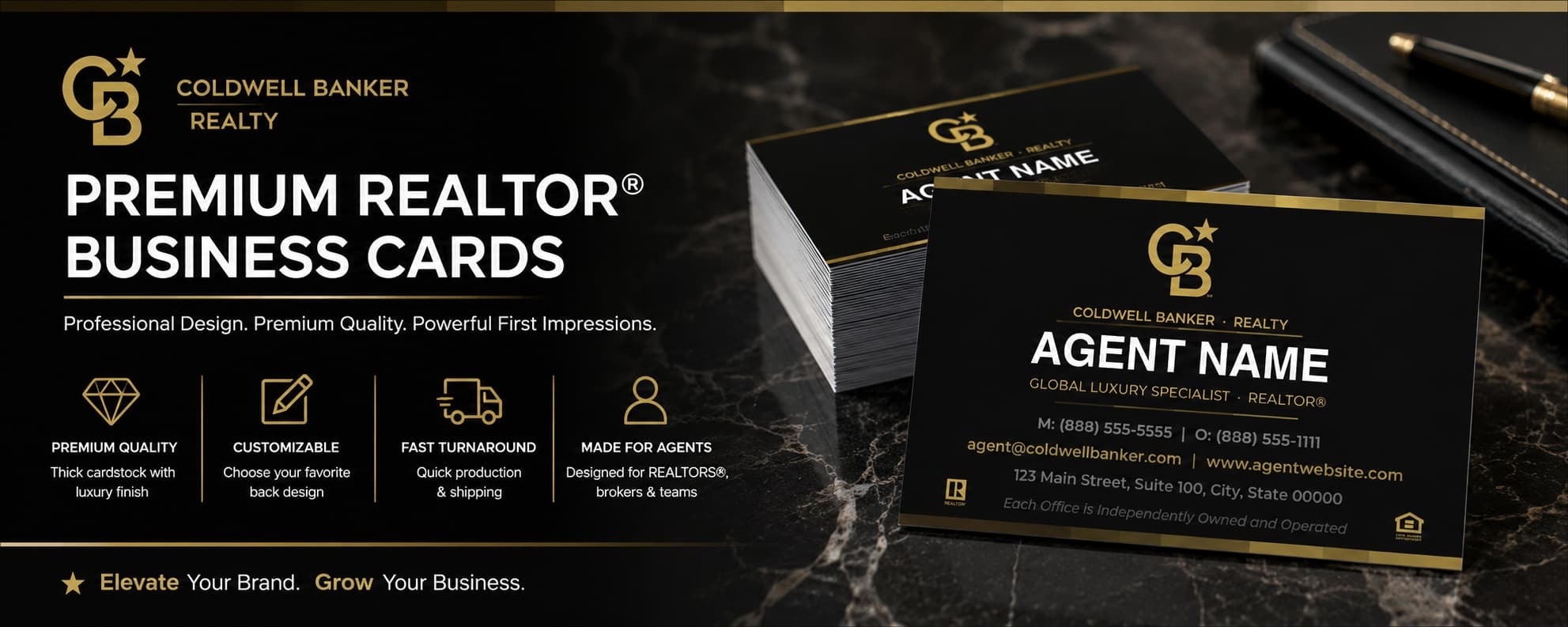 Coldwell Banker Design CB-003 luxury black and gold REALTOR&reg; business cards with customizable back designs