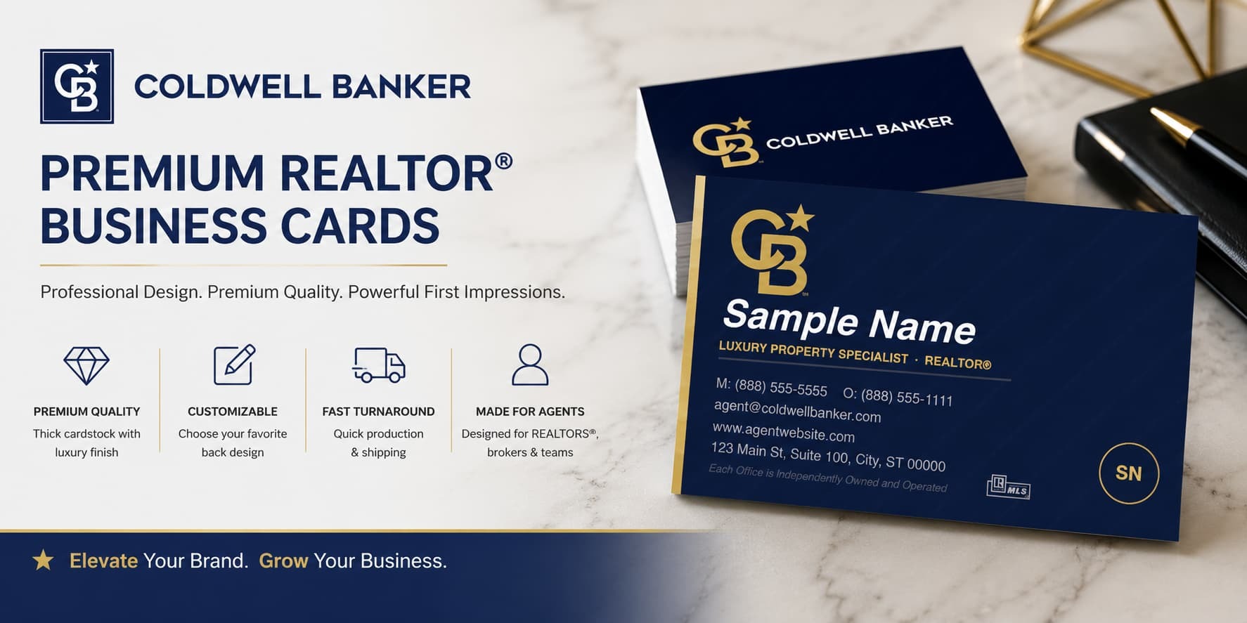 Coldwell Banker Design CB-005 luxury navy and gold REALTOR® business cards with customizable back designs