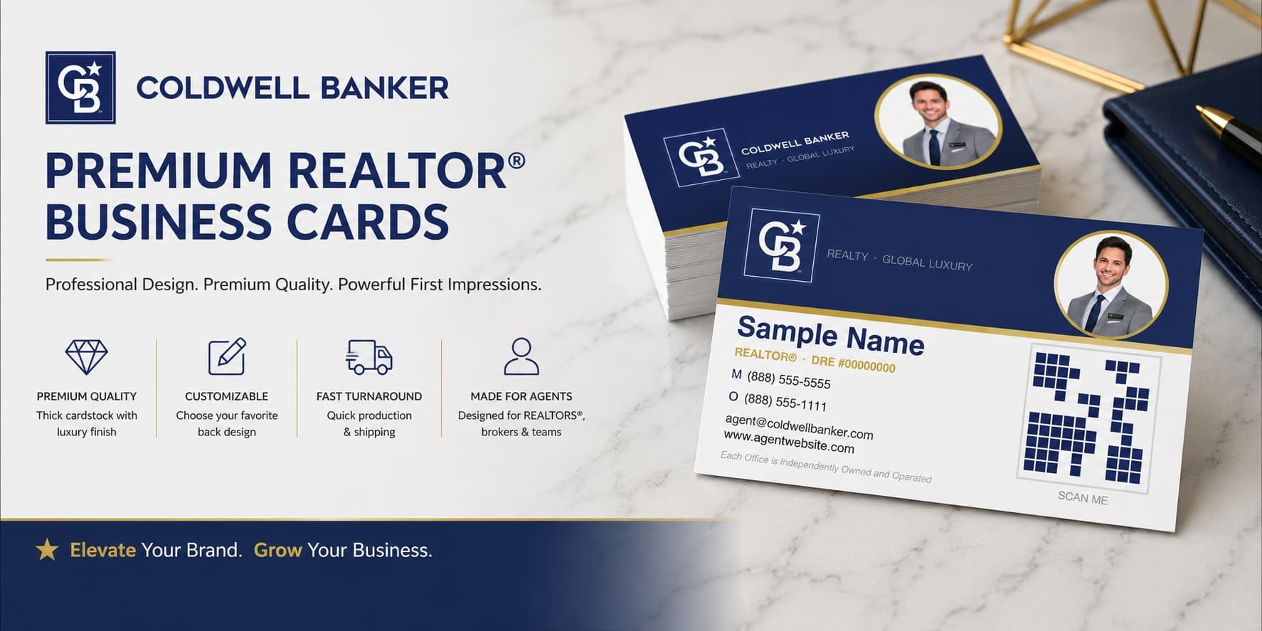 Coldwell Banker Design CB-007 REALTOR&reg; business cards with QR code and customizable back designs