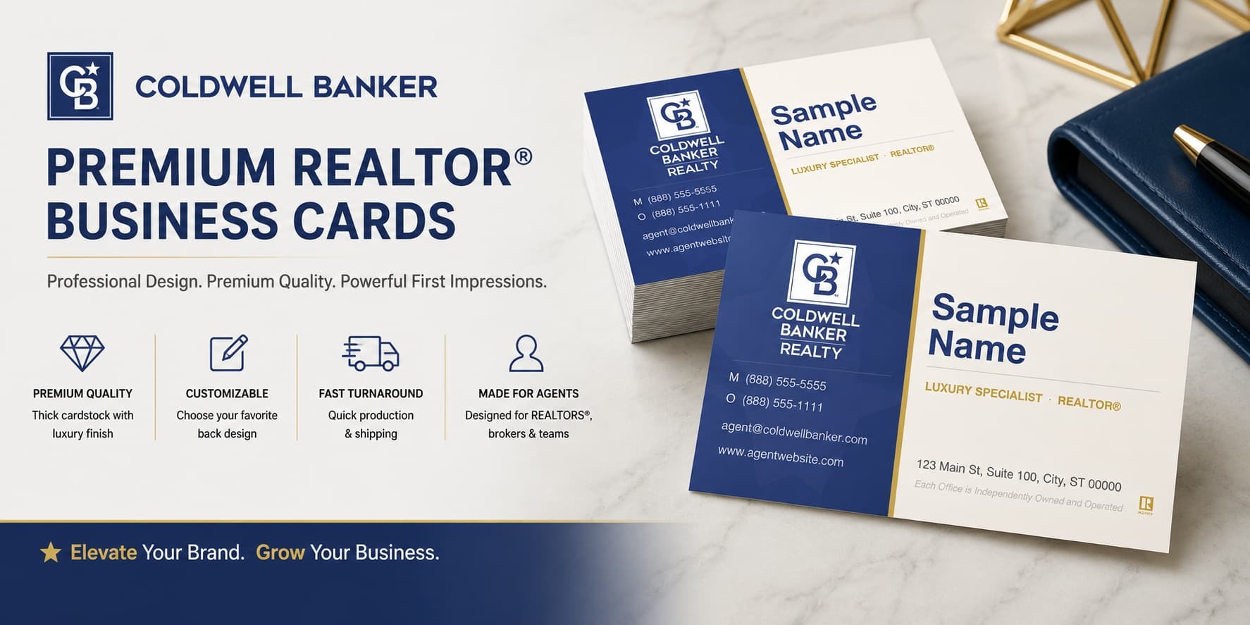 Coldwell Banker Design CB-008 REALTOR® business cards with modern split layout and customizable back designs