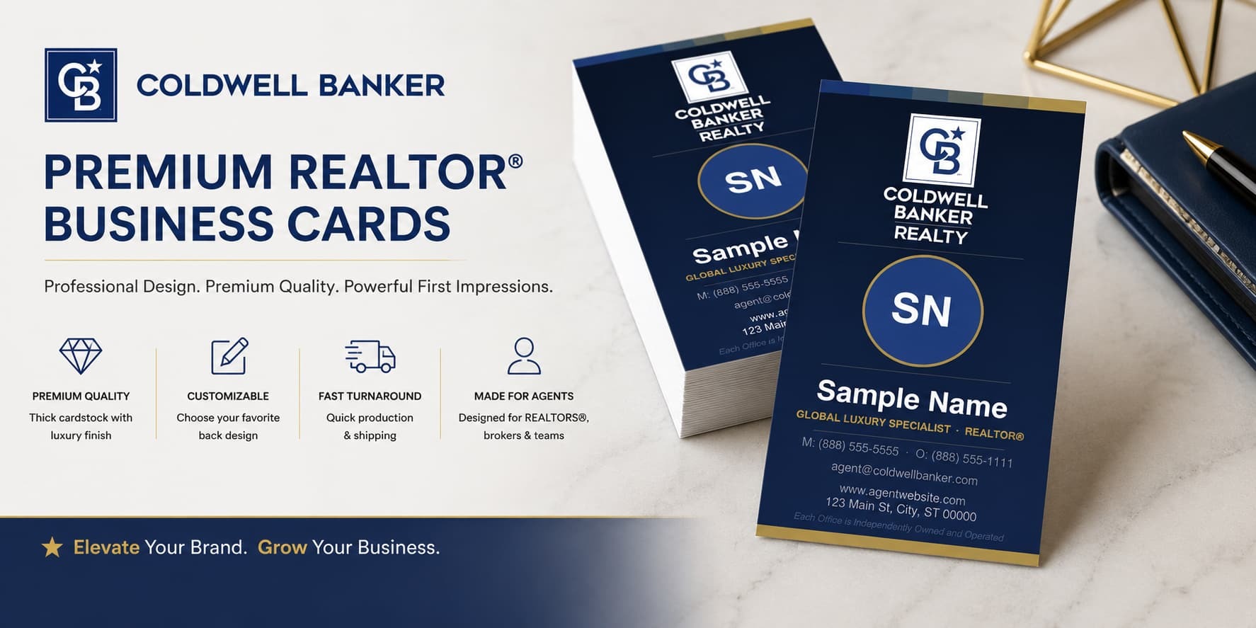 Coldwell Banker Design CB-009 vertical REALTOR&reg; business cards with luxury branding and customizable back designs