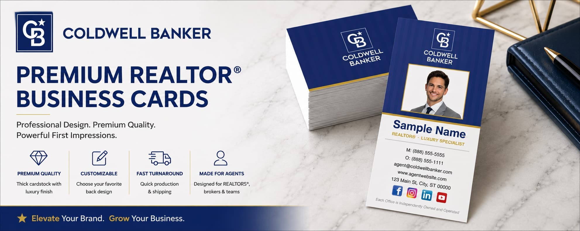 Coldwell Banker Design CB-010 vertical REALTOR&reg; business cards with agent photo and customizable back designs