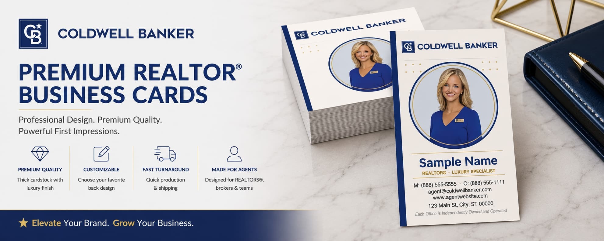 Coldwell Banker Design CB-012 REALTOR&reg; business cards with circular photo layout and customizable back designs