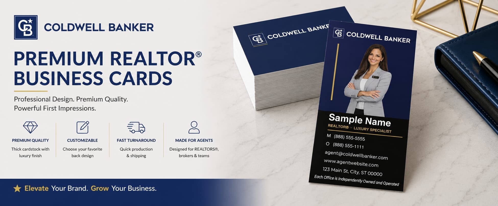 Coldwell Banker Design CB-013 REALTOR&reg; business cards with modern luxury photo layout and customizable back designs