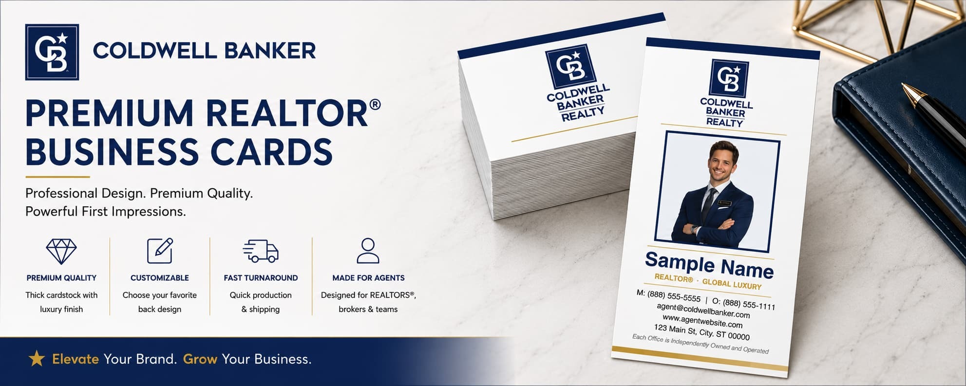 Coldwell Banker Design CB-014 vertical REALTOR&reg; business cards with agent photo and customizable back designs