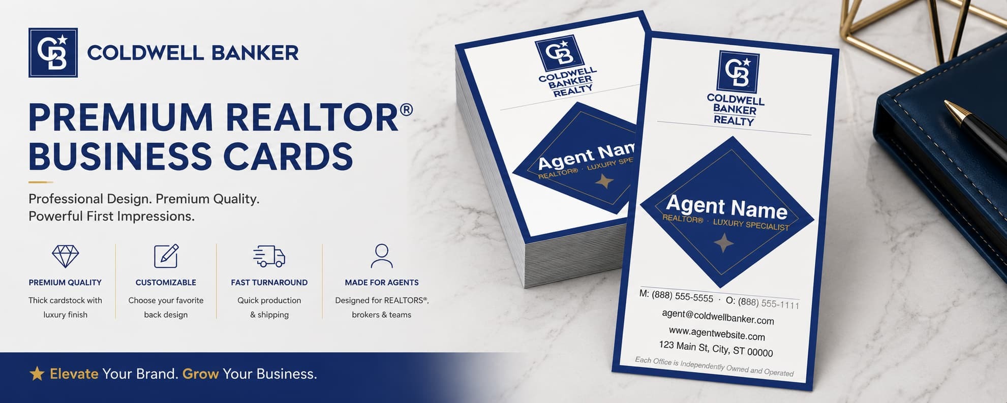 Coldwell Banker Design CB-016 REALTOR&reg; business cards with modern geometric luxury layout and customizable back designs